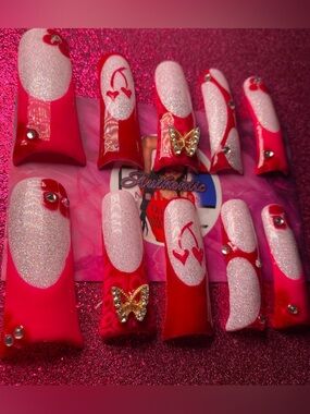 Handmade Pink & Red Glitter Press-On Nails with Rhinestones